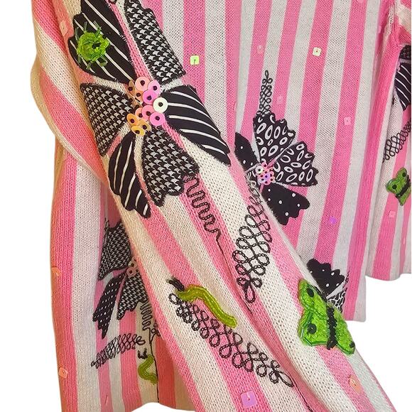 Vintage Design Options Pink & White Striped Knit Button Up Cardigan Sweater - Picture 3 of 7